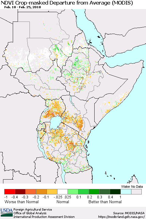 Eastern Africa Cropland NDVI Departure from Average (Terra-MODIS) Thematic Map For 2/21/2018 - 2/28/2018