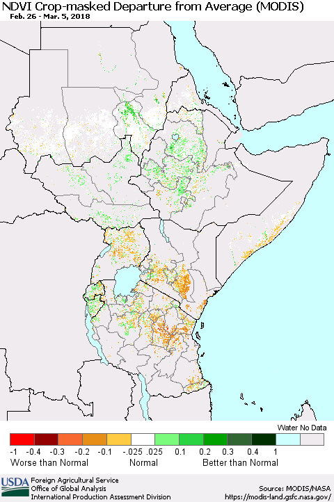 Eastern Africa Cropland NDVI Departure from Average (Terra-MODIS) Thematic Map For 3/1/2018 - 3/10/2018