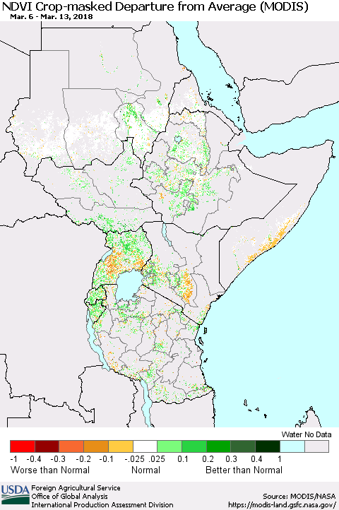 Eastern Africa Cropland NDVI Departure from Average (Terra-MODIS) Thematic Map For 3/11/2018 - 3/20/2018