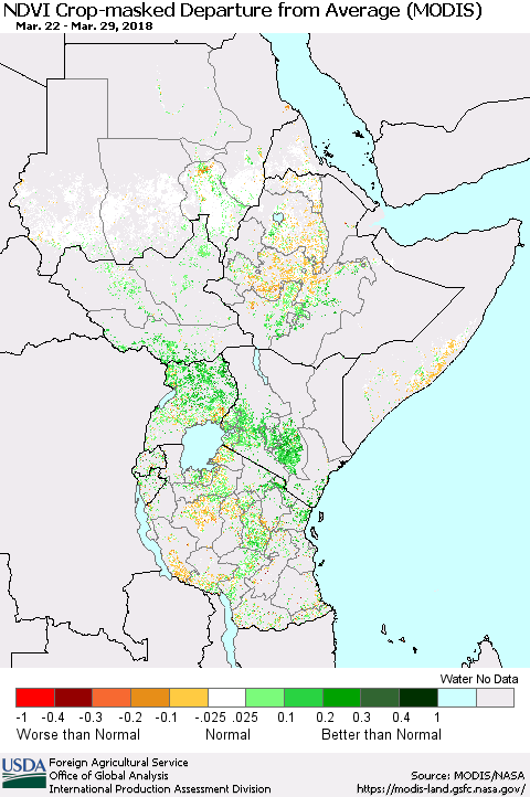 Eastern Africa Cropland NDVI Departure from Average (Terra-MODIS) Thematic Map For 3/21/2018 - 3/31/2018