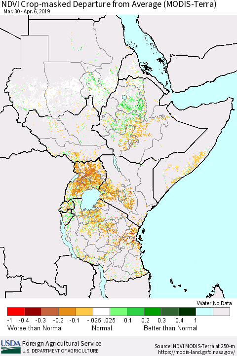 Eastern Africa NDVI Crop-masked Departure from Average (MODIS-Terra) Thematic Map For 4/1/2019 - 4/10/2019