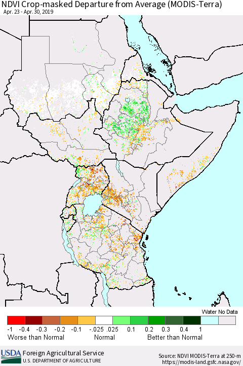 Eastern Africa NDVI Crop-masked Departure from Average (MODIS-Terra) Thematic Map For 4/21/2019 - 4/30/2019