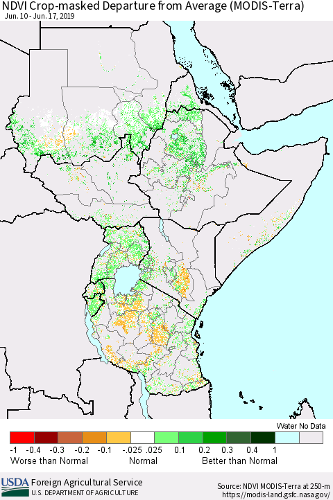 Eastern Africa NDVI Crop-masked Departure from Average (MODIS-Terra) Thematic Map For 6/11/2019 - 6/20/2019
