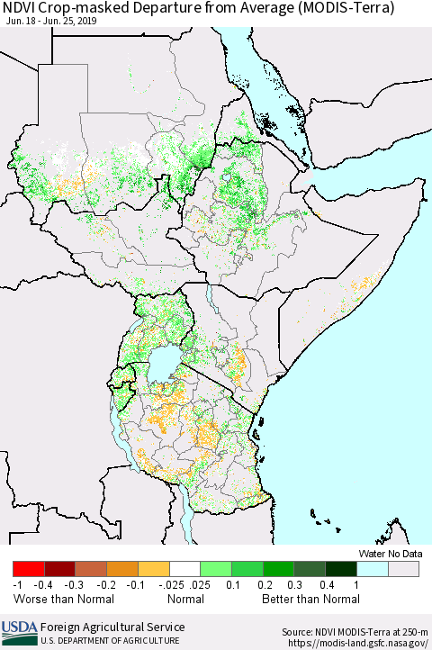 Eastern Africa NDVI Crop-masked Departure from Average (MODIS-Terra) Thematic Map For 6/21/2019 - 6/30/2019