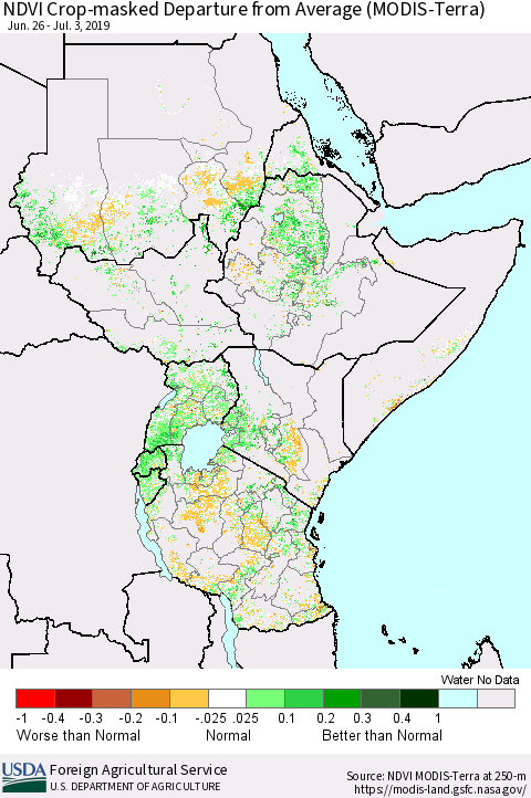 Eastern Africa NDVI Crop-masked Departure from Average (MODIS-Terra) Thematic Map For 7/1/2019 - 7/10/2019