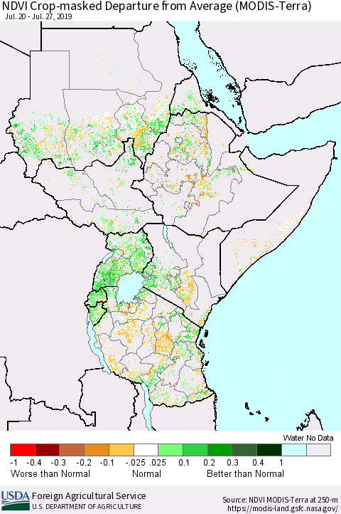 Eastern Africa NDVI Crop-masked Departure from Average (MODIS-Terra) Thematic Map For 7/21/2019 - 7/31/2019