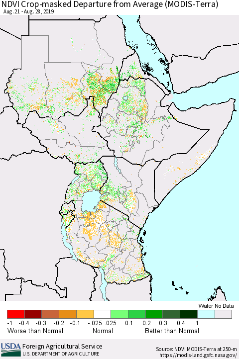 Eastern Africa NDVI Crop-masked Departure from Average (MODIS-Terra) Thematic Map For 8/21/2019 - 8/31/2019