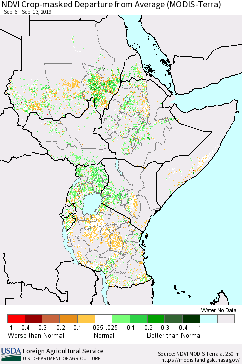 Eastern Africa NDVI Crop-masked Departure from Average (MODIS-Terra) Thematic Map For 9/11/2019 - 9/20/2019
