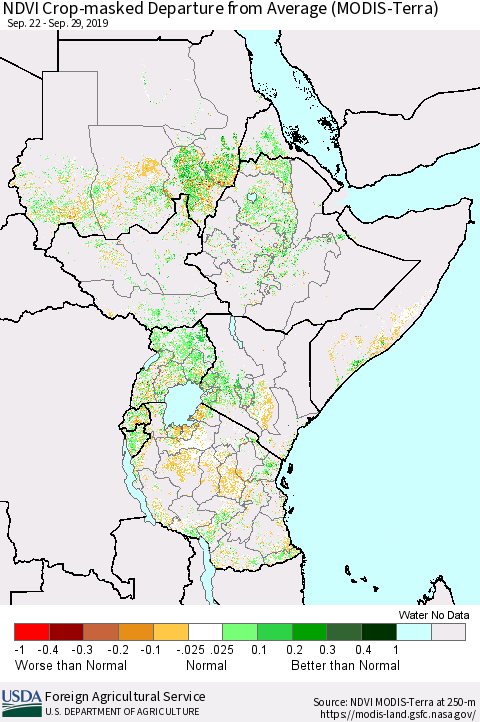 Eastern Africa NDVI Crop-masked Departure from Average (MODIS-Terra) Thematic Map For 9/21/2019 - 9/30/2019