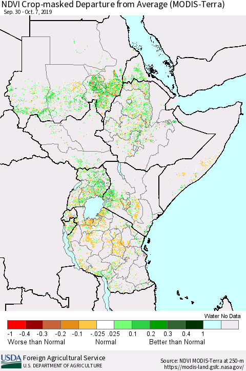 Eastern Africa NDVI Crop-masked Departure from Average (MODIS-Terra) Thematic Map For 10/1/2019 - 10/10/2019