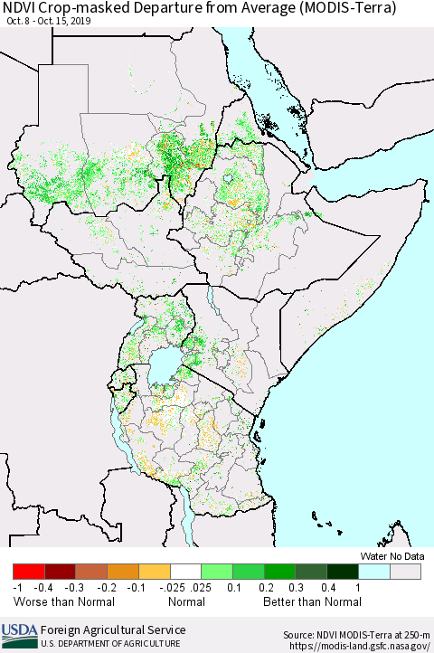 Eastern Africa NDVI Crop-masked Departure from Average (MODIS-Terra) Thematic Map For 10/11/2019 - 10/20/2019