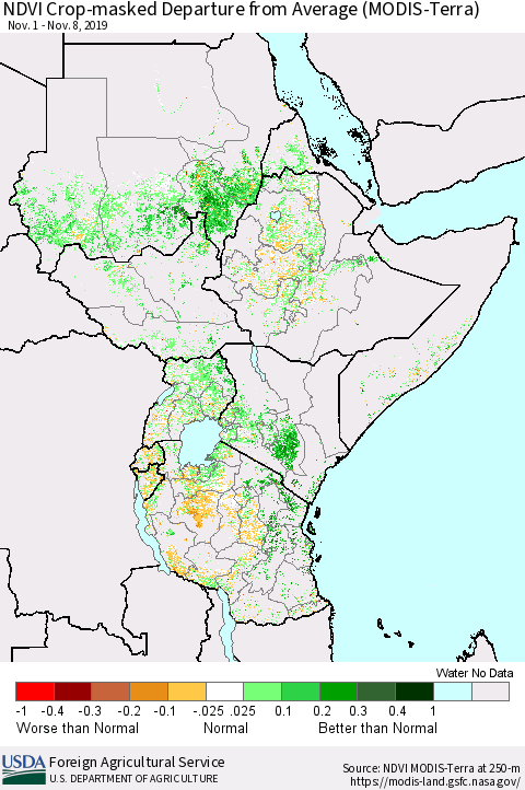 Eastern Africa NDVI Crop-masked Departure from Average (MODIS-Terra) Thematic Map For 11/1/2019 - 11/10/2019