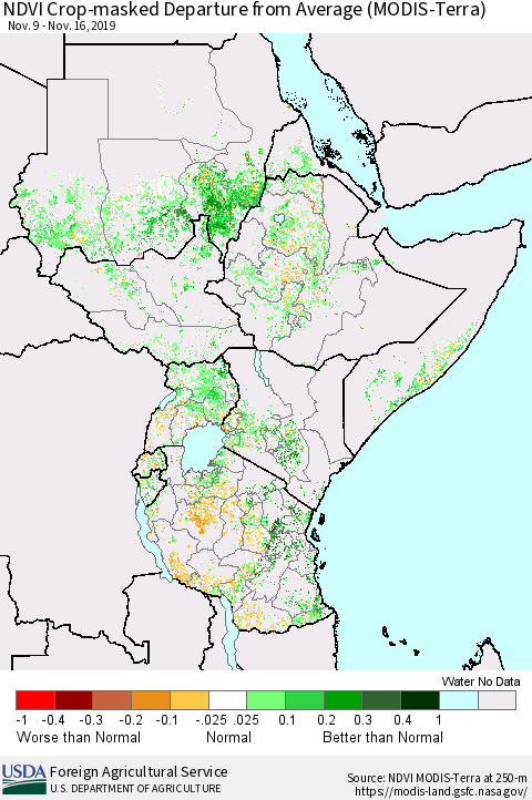 Eastern Africa Cropland NDVI Departure from Average (Terra-MODIS) Thematic Map For 11/11/2019 - 11/20/2019