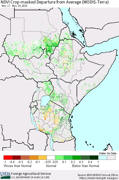 Eastern Africa NDVI Crop-masked Departure from Average (MODIS-Terra) Thematic Map For 11/21/2019 - 11/30/2019