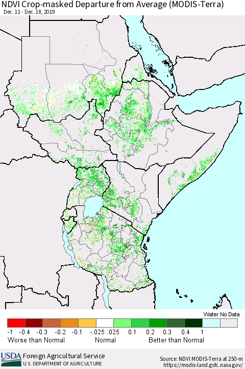 Eastern Africa Cropland NDVI Departure from Average (Terra-MODIS) Thematic Map For 12/11/2019 - 12/20/2019