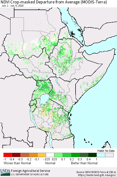 Eastern Africa Cropland NDVI Departure from Average (Terra-MODIS) Thematic Map For 1/1/2020 - 1/10/2020
