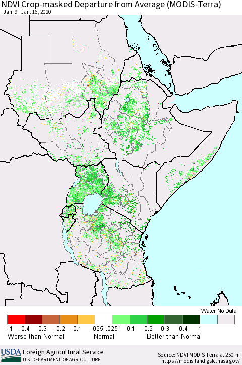 Eastern Africa Cropland NDVI Departure from Average (Terra-MODIS) Thematic Map For 1/11/2020 - 1/20/2020