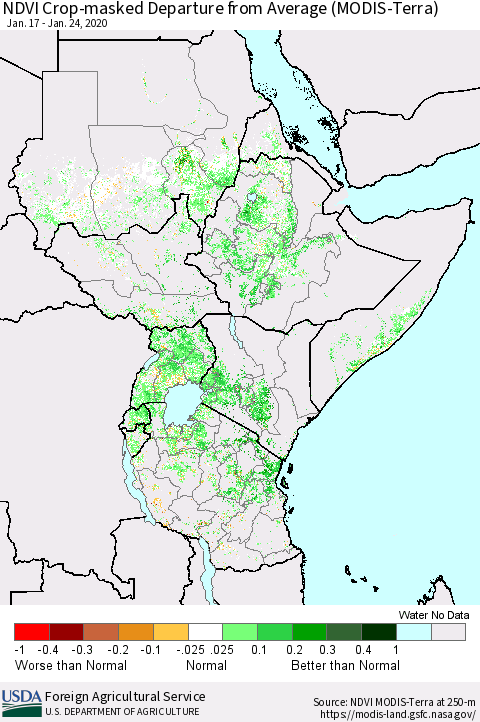 Eastern Africa NDVI Crop-masked Departure from Average (MODIS-Terra) Thematic Map For 1/21/2020 - 1/31/2020