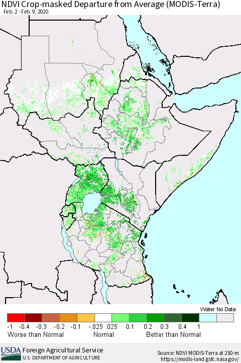 Eastern Africa Cropland NDVI Departure from Average (Terra-MODIS) Thematic Map For 2/1/2020 - 2/10/2020