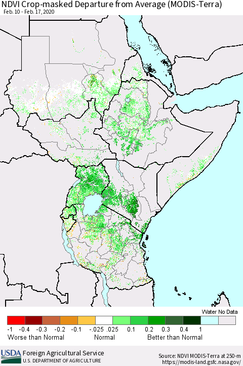 Eastern Africa Cropland NDVI Departure from Average (Terra-MODIS) Thematic Map For 2/11/2020 - 2/20/2020