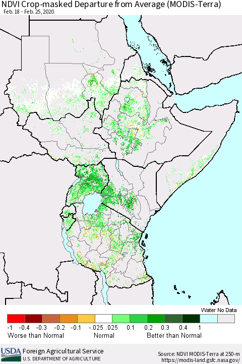 Eastern Africa NDVI Crop-masked Departure from Average (MODIS-Terra) Thematic Map For 2/21/2020 - 2/29/2020