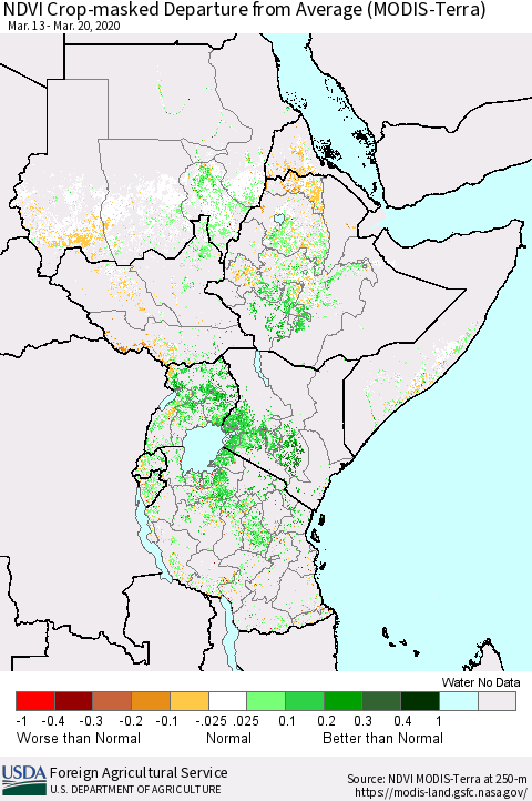Eastern Africa Cropland NDVI Departure from Average (Terra-MODIS) Thematic Map For 3/11/2020 - 3/20/2020