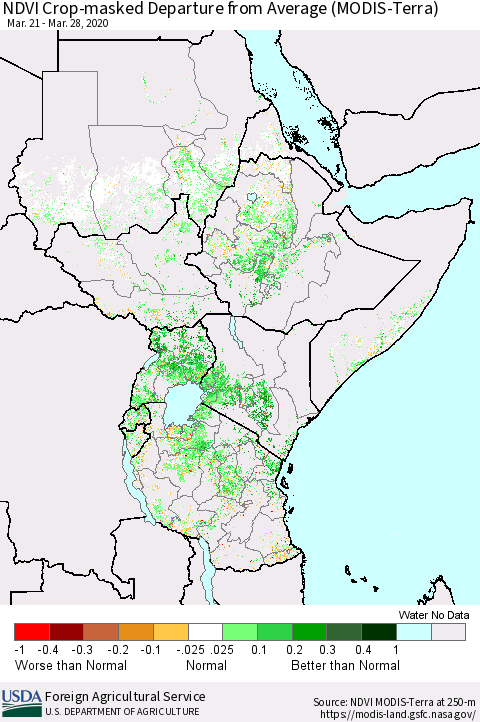 Eastern Africa Cropland NDVI Departure from Average (Terra-MODIS) Thematic Map For 3/21/2020 - 3/31/2020