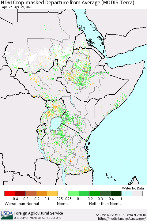 Eastern Africa NDVI Crop-masked Departure from Average (MODIS-Terra) Thematic Map For 4/21/2020 - 4/30/2020