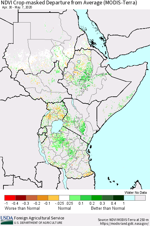 Eastern Africa NDVI Crop-masked Departure from Average (MODIS-Terra) Thematic Map For 5/1/2020 - 5/10/2020