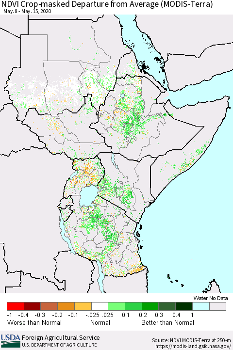 Eastern Africa Cropland NDVI Departure from Average (Terra-MODIS) Thematic Map For 5/11/2020 - 5/20/2020