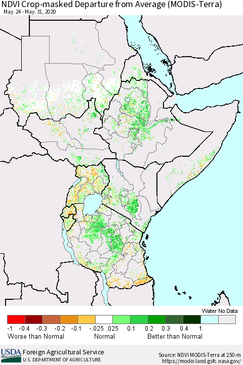 Eastern Africa Cropland NDVI Departure from Average (Terra-MODIS) Thematic Map For 5/21/2020 - 5/31/2020