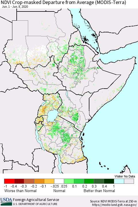 Eastern Africa Cropland NDVI Departure from Average (Terra-MODIS) Thematic Map For 6/1/2020 - 6/10/2020