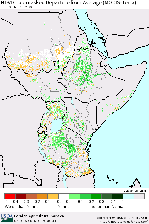 Eastern Africa Cropland NDVI Departure from Average (Terra-MODIS) Thematic Map For 6/11/2020 - 6/20/2020