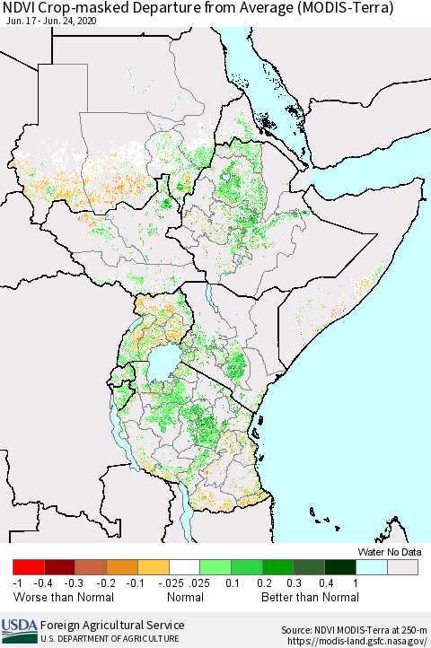 Eastern Africa Cropland NDVI Departure from Average (Terra-MODIS) Thematic Map For 6/21/2020 - 6/30/2020