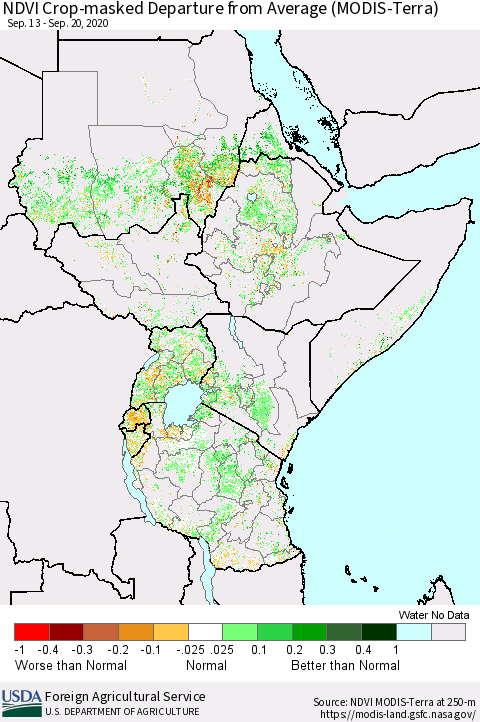 Eastern Africa Cropland NDVI Departure from Average (Terra-MODIS) Thematic Map For 9/11/2020 - 9/20/2020