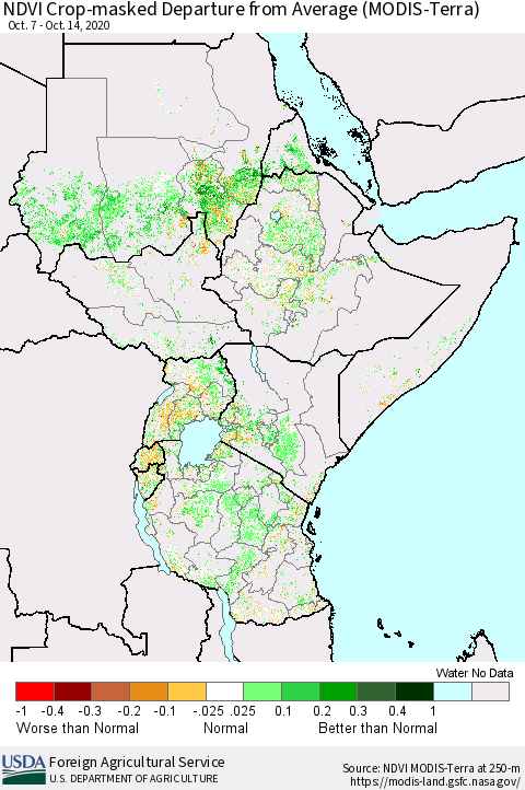 Eastern Africa NDVI Crop-masked Departure from Average (MODIS-Terra) Thematic Map For 10/11/2020 - 10/20/2020