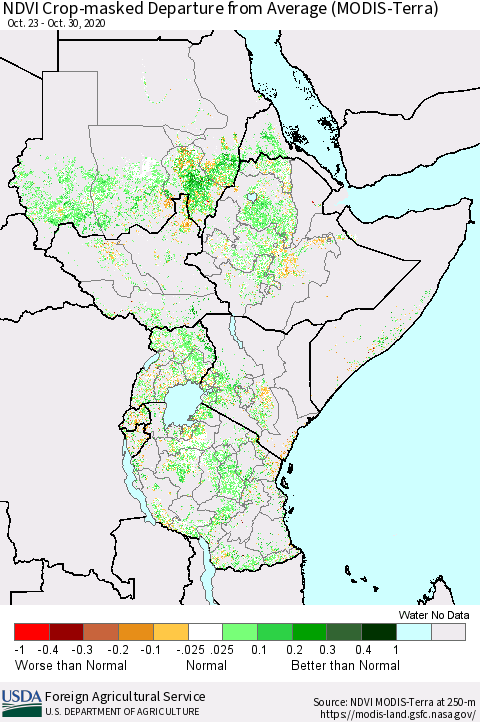 Eastern Africa NDVI Crop-masked Departure from Average (MODIS-Terra) Thematic Map For 10/21/2020 - 10/31/2020