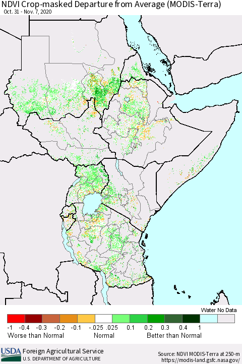 Eastern Africa Cropland NDVI Departure from Average (Terra-MODIS) Thematic Map For 11/1/2020 - 11/10/2020
