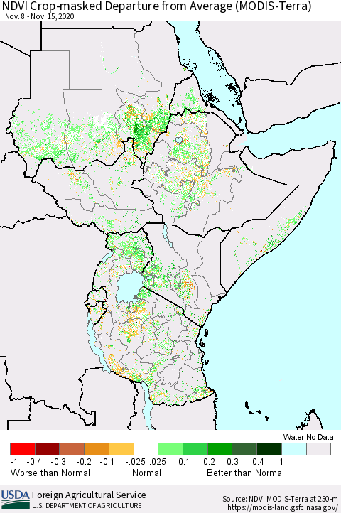Eastern Africa Cropland NDVI Departure from Average (Terra-MODIS) Thematic Map For 11/11/2020 - 11/20/2020