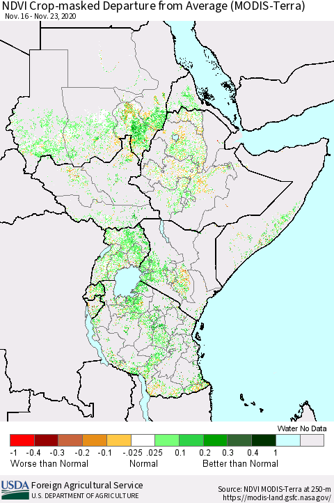 Eastern Africa NDVI Crop-masked Departure from Average (MODIS-Terra) Thematic Map For 11/21/2020 - 11/30/2020
