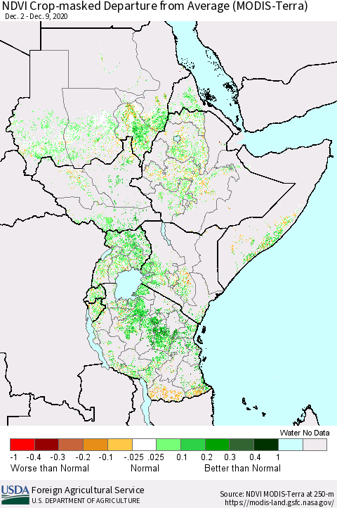 Eastern Africa NDVI Crop-masked Departure from Average (MODIS-Terra) Thematic Map For 12/1/2020 - 12/10/2020