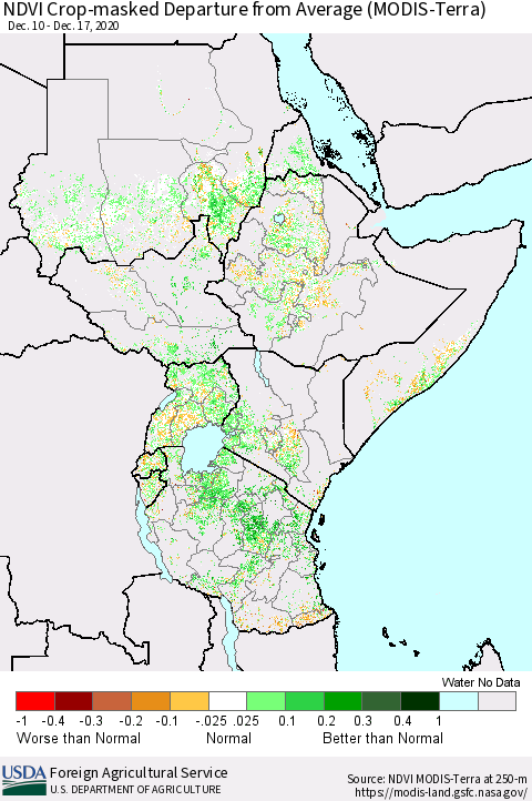 Eastern Africa NDVI Crop-masked Departure from Average (MODIS-Terra) Thematic Map For 12/11/2020 - 12/20/2020