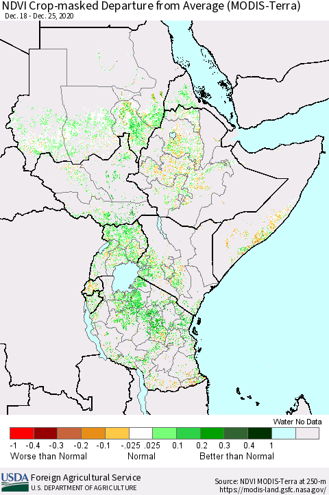 Eastern Africa NDVI Crop-masked Departure from Average (MODIS-Terra) Thematic Map For 12/21/2020 - 12/31/2020