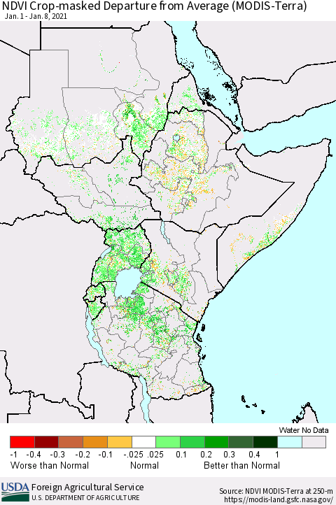 Eastern Africa NDVI Crop-masked Departure from Average (MODIS-Terra) Thematic Map For 1/1/2021 - 1/10/2021