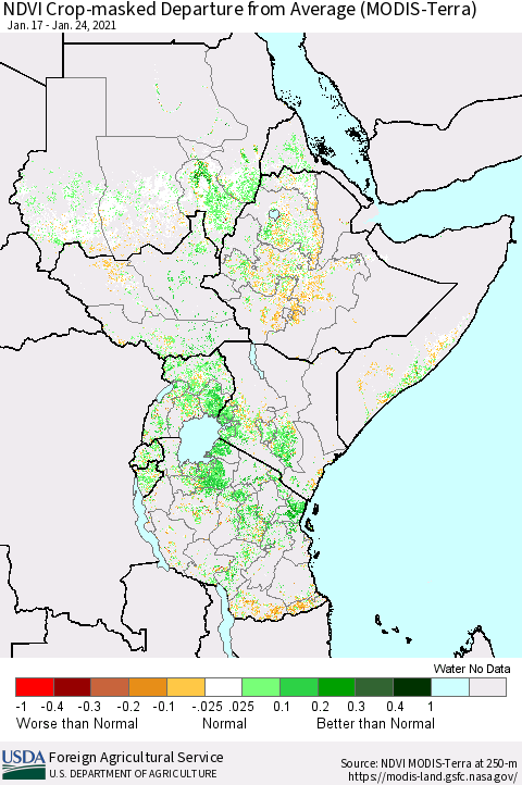 Eastern Africa Cropland NDVI Departure from Average (Terra-MODIS) Thematic Map For 1/21/2021 - 1/31/2021