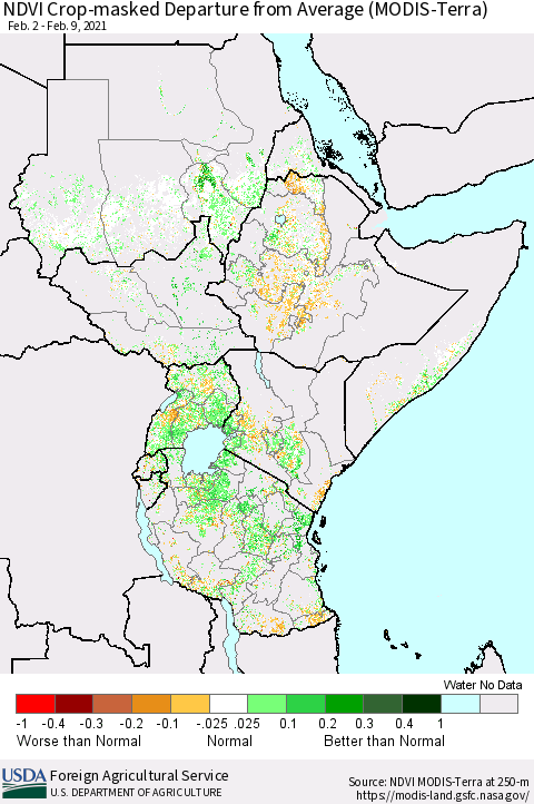 Eastern Africa Cropland NDVI Departure from Average (Terra-MODIS) Thematic Map For 2/1/2021 - 2/10/2021