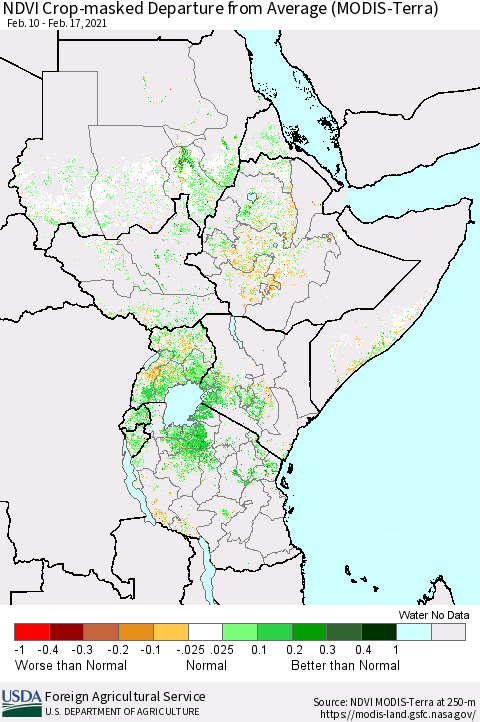 Eastern Africa Cropland NDVI Departure from Average (Terra-MODIS) Thematic Map For 2/11/2021 - 2/20/2021