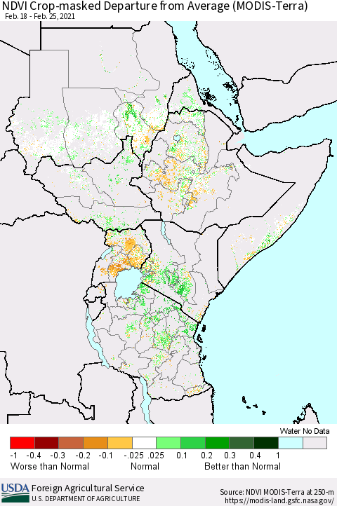 Eastern Africa Cropland NDVI Departure from Average (Terra-MODIS) Thematic Map For 2/21/2021 - 2/28/2021