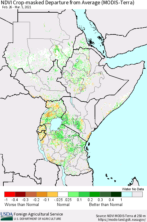 Eastern Africa NDVI Crop-masked Departure from Average (MODIS-Terra) Thematic Map For 3/1/2021 - 3/10/2021