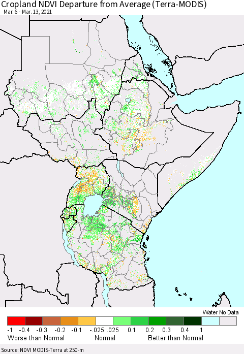 Eastern Africa Cropland NDVI Departure from Average (Terra-MODIS) Thematic Map For 3/6/2021 - 3/13/2021